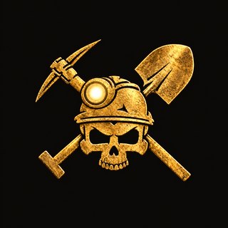 The Exploring Abandoned Mines badge: a gold skull in a miner’s helmet and lamp, over a crossed pick and shovel