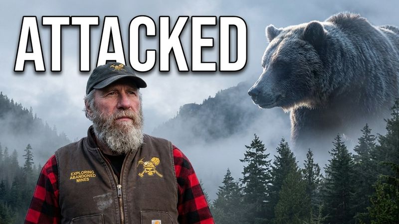 The thumbnail for Bear Attack Story: the word “Attacked” over Frank in a cap and an Exploring Abandoned Mines vest, with a bear in the misty forest behind him