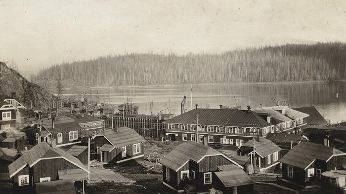 An old photograph of Anyox, BC: frame houses and a long two-storey building in front, the wharf and its cranes at the water, and across the calm inlet a point covered in grey, dead standing trees