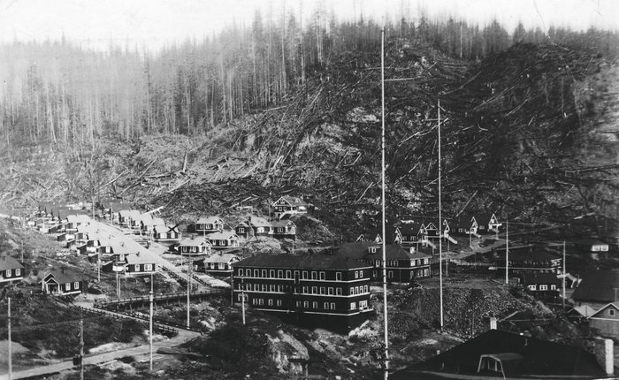 The townsite of Anyox, BC, in 1919: a large three-storey frame building and rows of small houses on a slope, power poles and plank walks, and above them a whole hillside of felled and dead trees