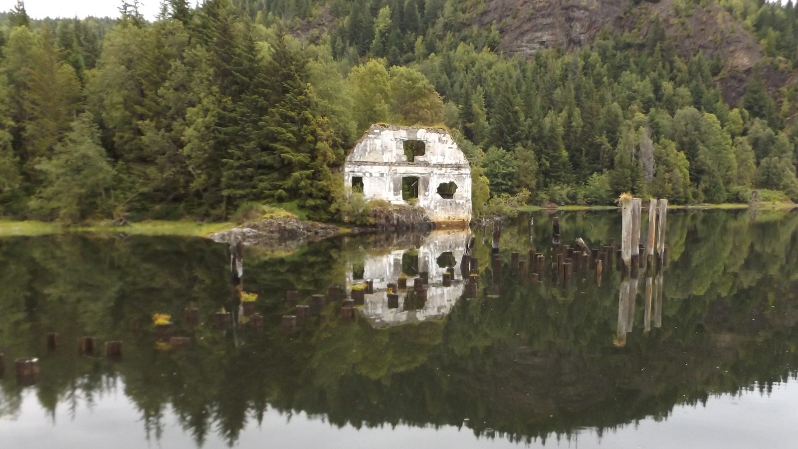 The concrete shell of an old building at Anyox, BC, its window holes open to the sky, mirrored in flat water among rows of old pilings, the forest grown back behind it