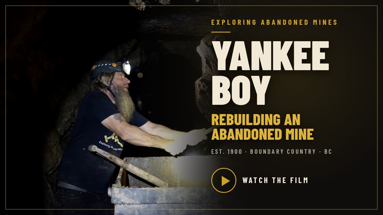Film poster: Frank Schlichting underground in his headlamp, beside the title Yankee Boy, Rebuilding an Abandoned Mine